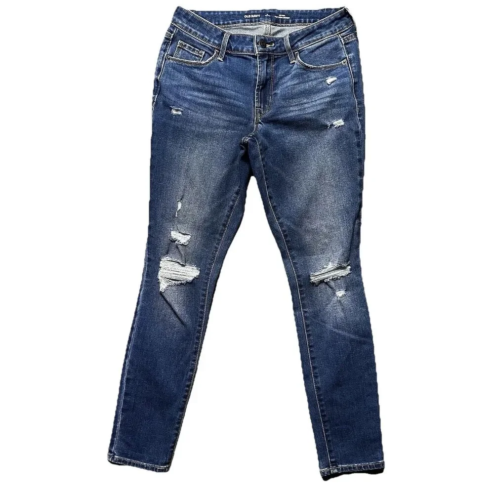 Old Navy Womens 4 Petite Pop Icon Skinny Jeans Blue Mid Rise Distressed Denim